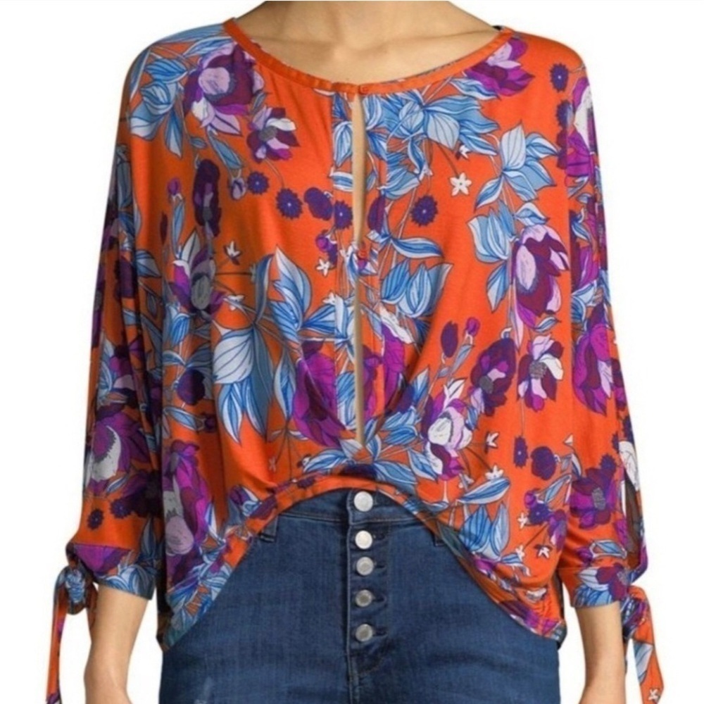 Free People Keepin On the Tie Side Orange Floral Oversized Top Size S - Picture 2 of 6